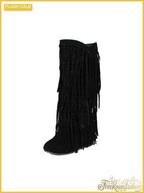Women's Fringe Western Knee-High Boots Hidden Heel Man-Made